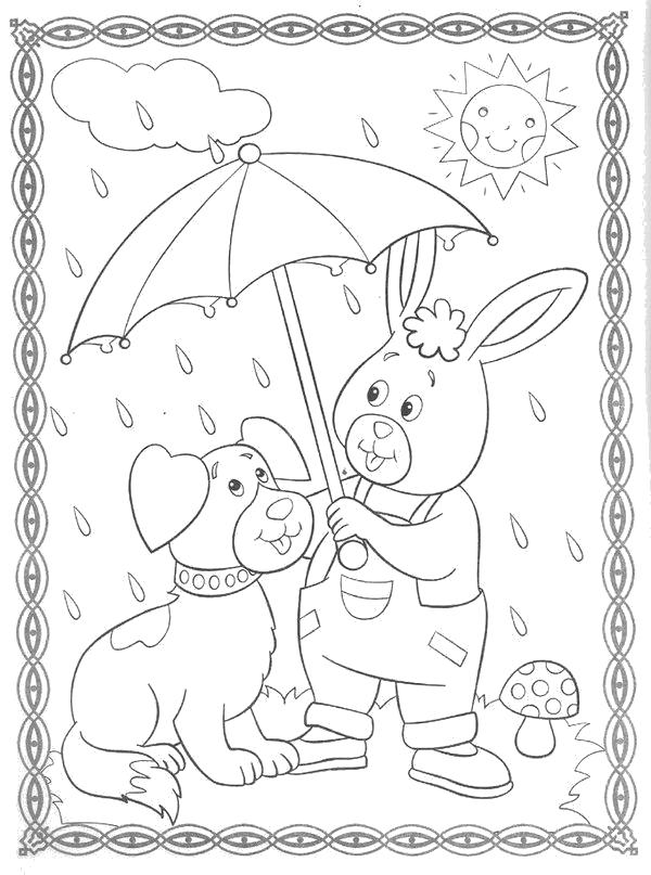 Раскраска Пес и заяц под зонтом. Скачать .  Распечатать 