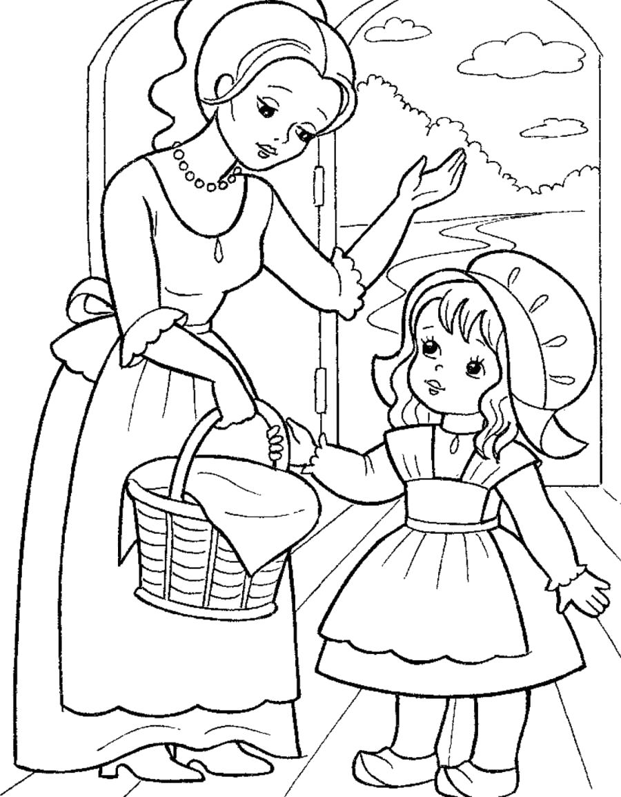 Раскраски мама, Раскраска Красная Шапочка и мама с пирожками сказки.