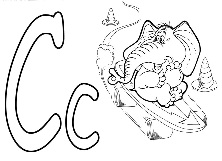 Раскраска Русский алфавит, Буква С. Слон, Слон катается на скейтборде. Скачать Азбука.  Распечатать Азбука