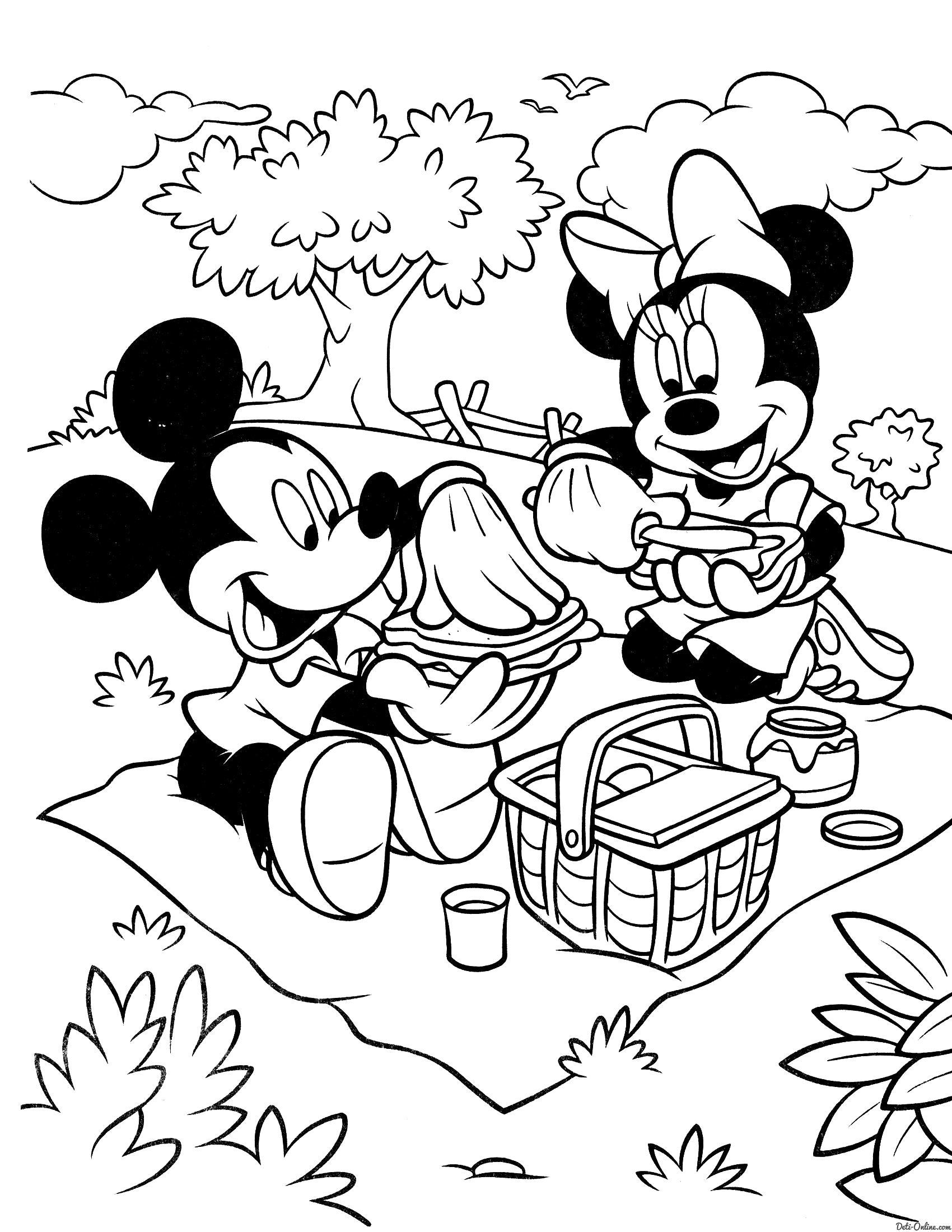 Раскраска Микки и Минни на пикнике. 