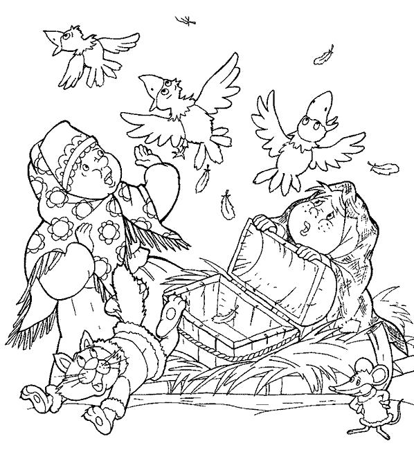 Раскраска Раскраски раскраски к сказке морозко мачеха с дочкой, сундук, вороны, морозко. сказки