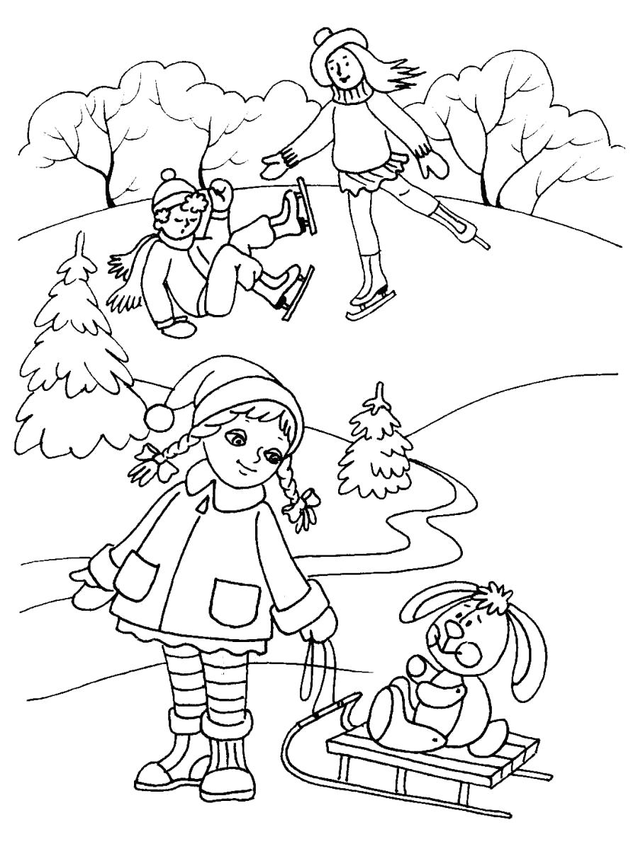 Раскраска Природа зимой и дети, Девочка катает на санках игрушку, снег, мальчик и девочка катаются на коньках. Скачать природа.  Распечатать природа