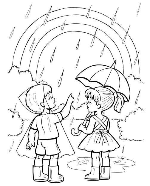 Раскраска мальчик показывает девочке радугу, на улице идет дождь. Лето