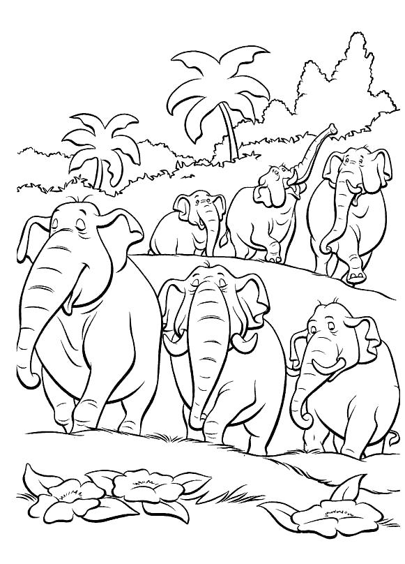 Раскраска Стадо слонов. Скачать книга джунглей.  Распечатать книга джунглей