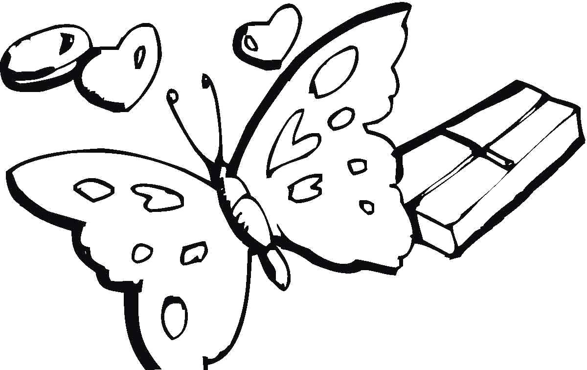 Раскраска бабочка сердечки и шоколад. Скачать Бабочки.  Распечатать Насекомые