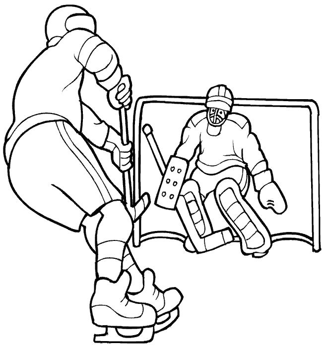 Раскраска игрок забирает шайбу, спорт, спортивная игра, Вратарь у ворот. Хоккей