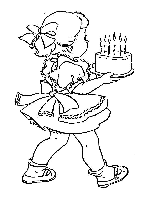 Раскраска День рождения, девочка несет торт,. Скачать День рождения.  Распечатать День рождения