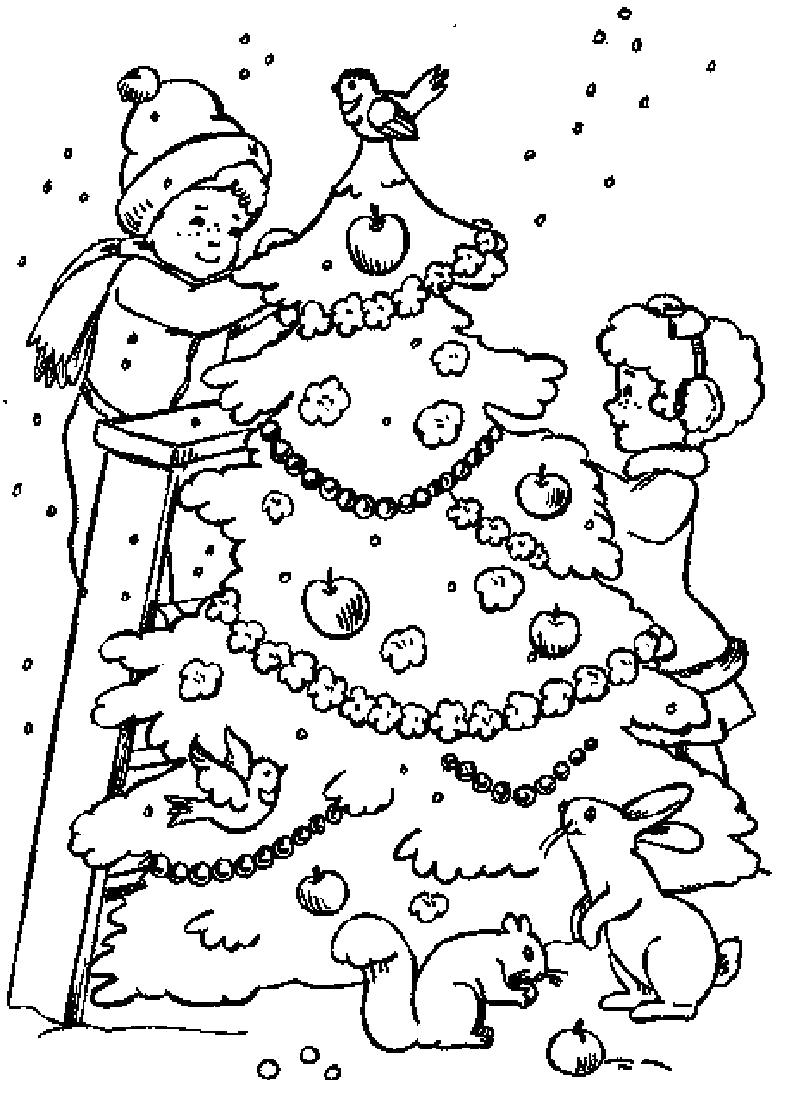 Раскраска Дети украшают елку. Рядом с елкой зайцы и белка. . Новый год
