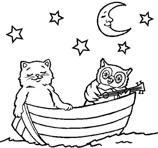 Раскраска Кот и сова в лодке. 
