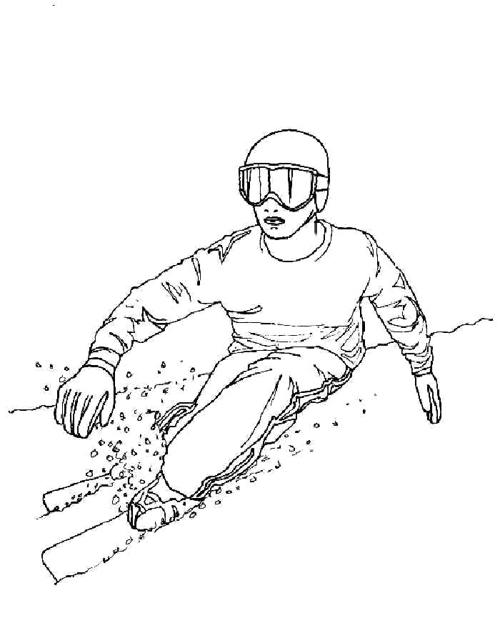 Раскраска Лыжи Зимние виды спорта мальчик спускается с горы на лыжах, . Скачать лыжи.  Распечатать лыжи