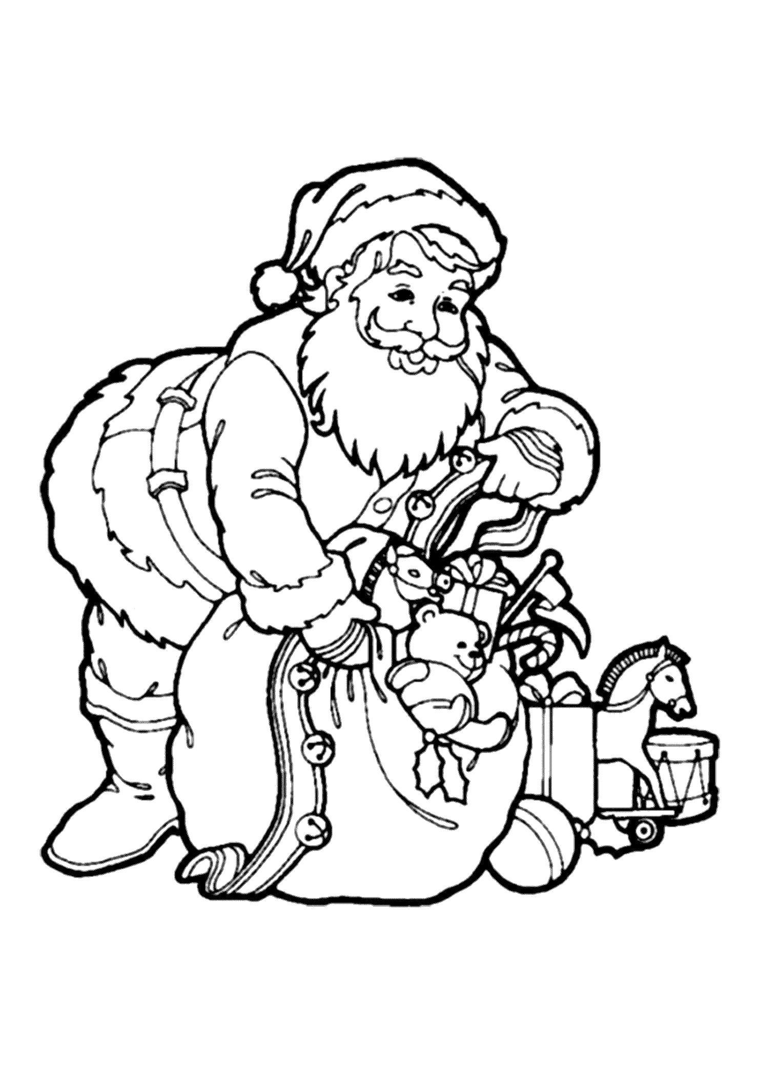 Раскраска Санта собирает мешок подарков. 