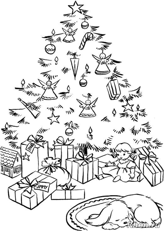 Раскраска После появления Деда Мороза в доме малыша. Пес спит под новогодней елкой под которой дед мороз разложил подарки.. Скачать Елка, Подарки.  Распечатать Новый год