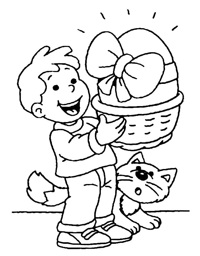 Название: Раскраска мальчик с корзинкой и большим яйцем. Категория: на Пасху. Теги: на Пасху.