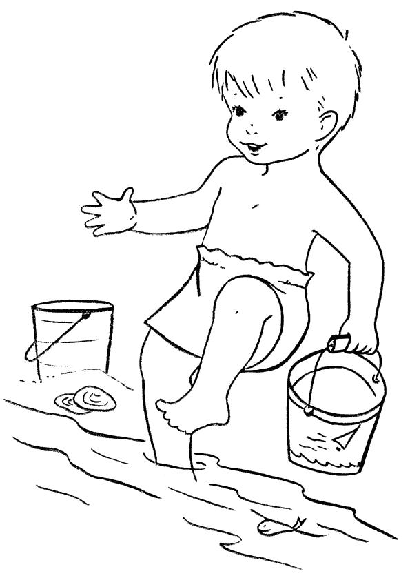 Раскраска мальчик играется с водой, мальчик и вода. Скачать Лето.  Распечатать Лето