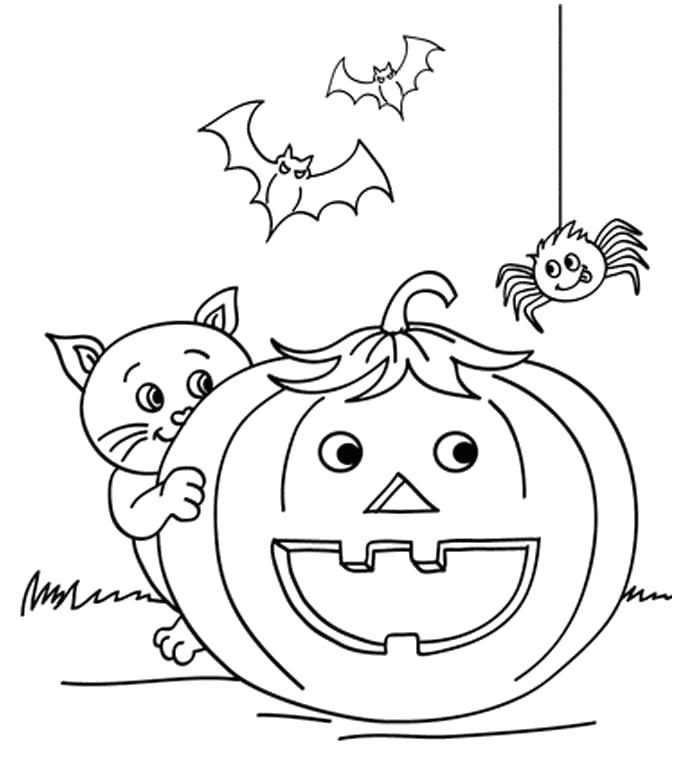 Название: Раскраска Кошка и тыква на Хэллоуин. Категория: Домашние животные. Теги: кот, Котенок.