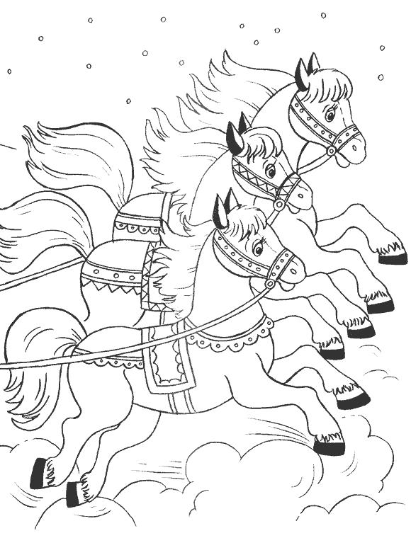 Раскраска   к сказке морозко тройка лошадей, морозка сказка . Скачать морозко.  Распечатать сказки