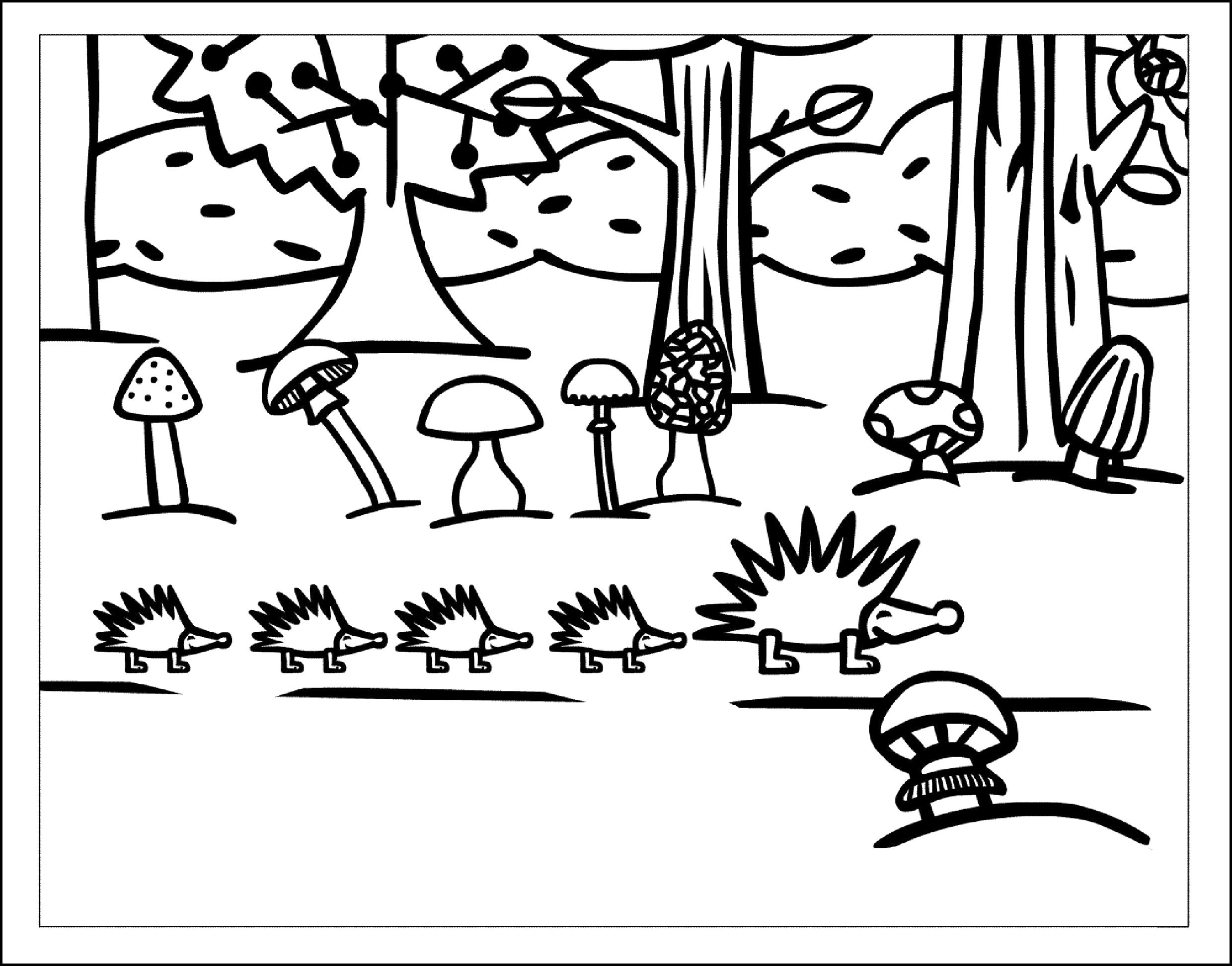 Название: Раскраска Раскраска ежики в лесу среди грибов.. Категория: Дикие животные. Теги: Ежик.