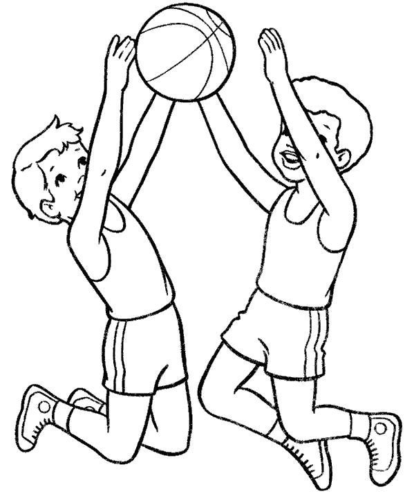 Раскраска мальчики прыгают за мячом. Скачать Баскетбол.  Распечатать Баскетбол