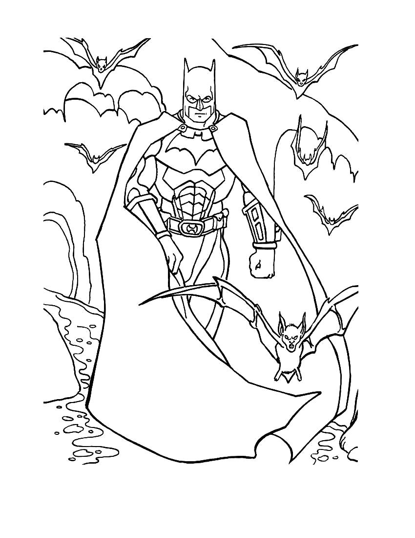 Раскраска Бэтмен и летучие мыши. Скачать Бэтмен.  Распечатать Бэтмен