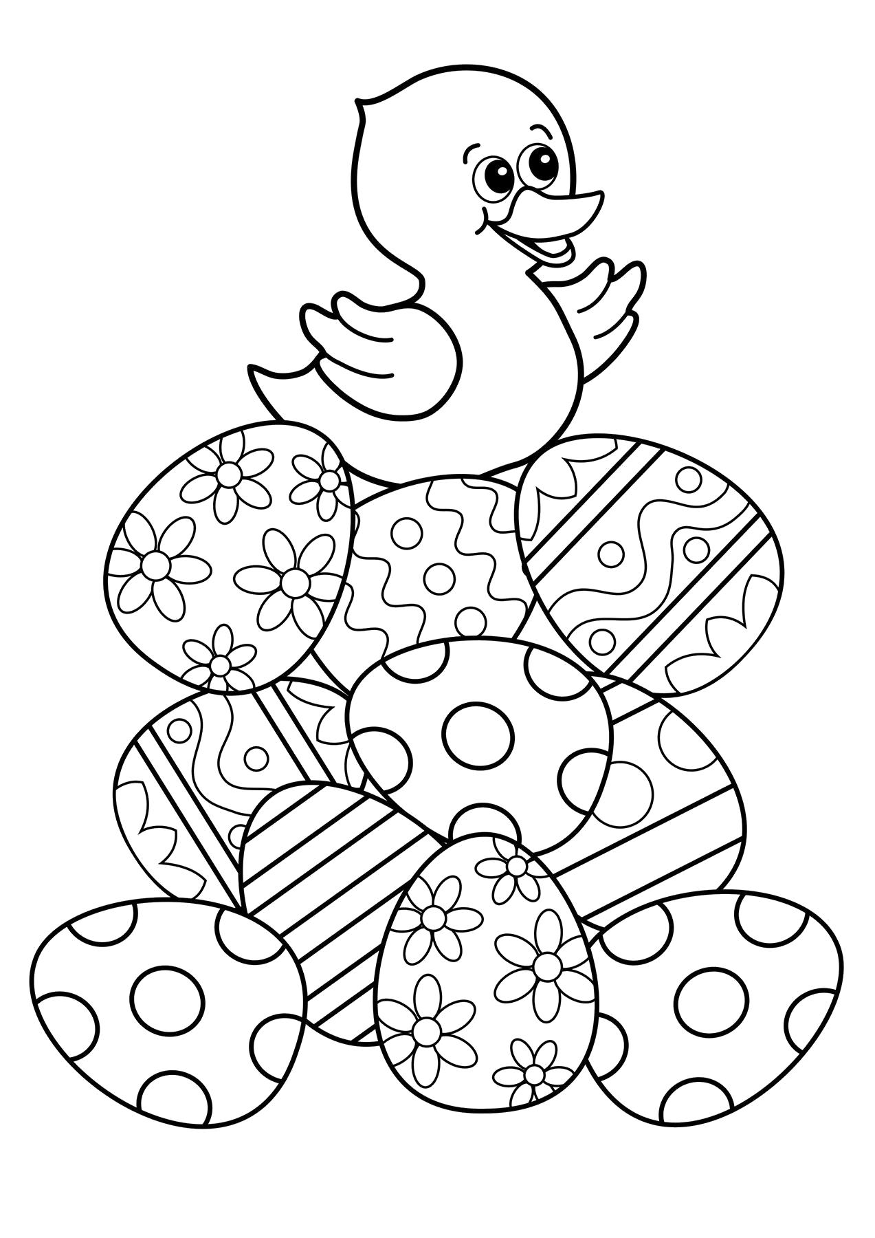 Название: Раскраска утёнок и пасхальные яйца. Категория: Домашние животные. Теги: Утка.
