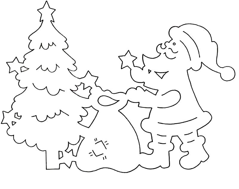 Раскраска Раскраски игрушками узор трафарет дед мороз, елка, мешок с игрушками. Контур для вырезания.. Дед мороз