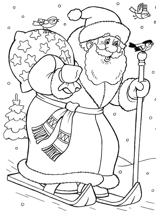 Название: Раскраска дед мороз на лыжах. Категория: Дед мороз. Теги: дед мороз едет.