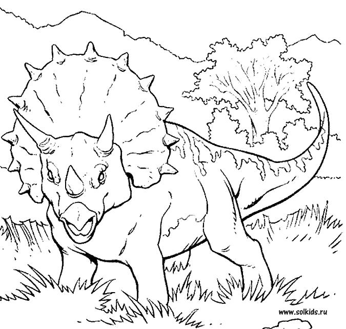 Раскраска  Динозавры, динозавр с рогами и шапкой. Скачать динозавр.  Распечатать динозавр
