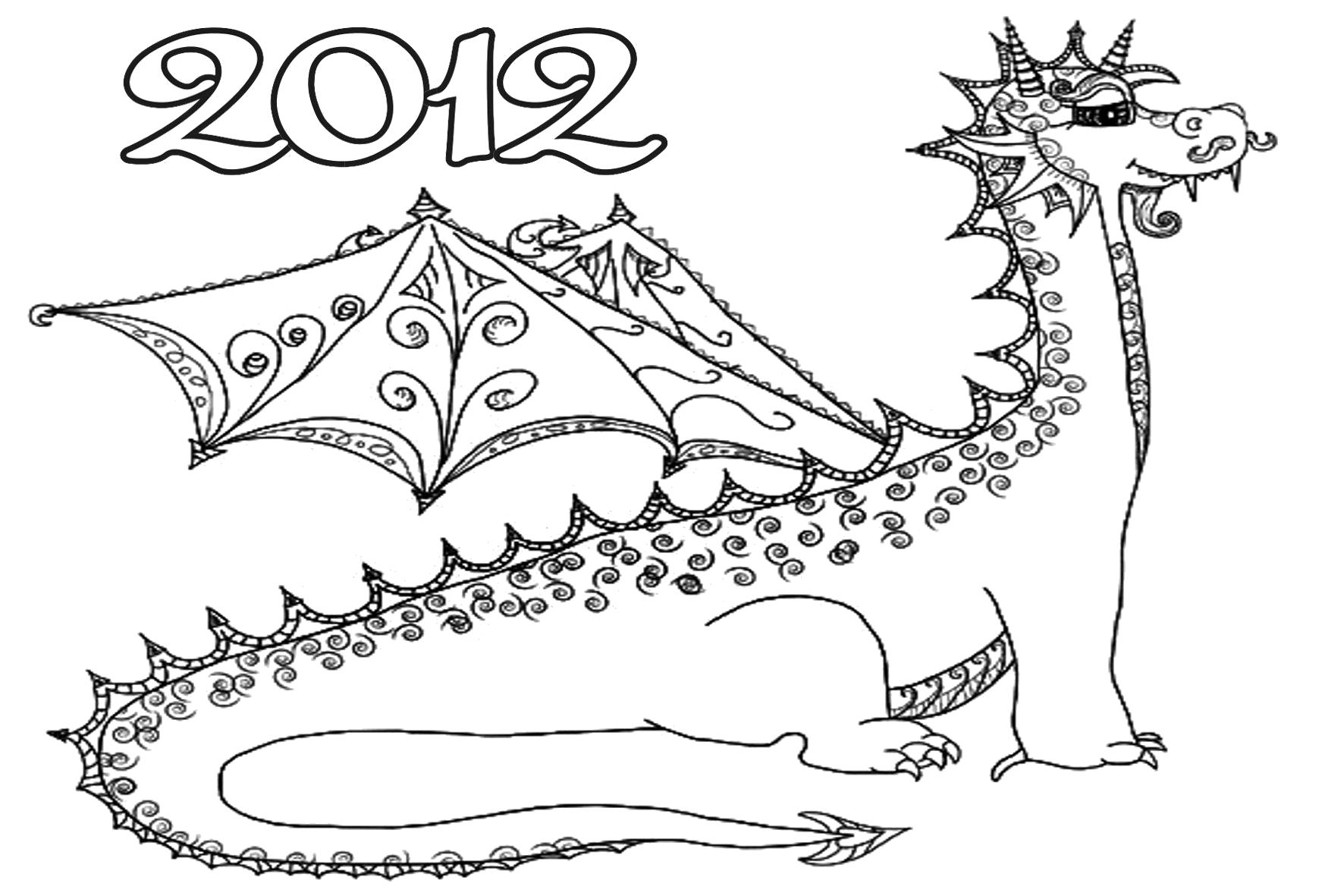 Раскраска  дракон 2012. Скачать дракон.  Распечатать мифические существа