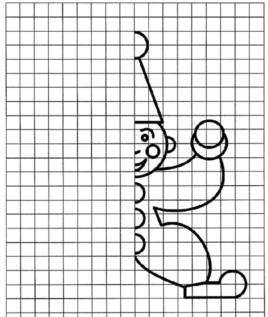 Раскраски Раскраска девочка дорисуй по клеткам Дорисуй по образцу,  Раскраска Раскраски половинку дорисуй половинку клоуна по клеточкам Дорисуй  по образцу.