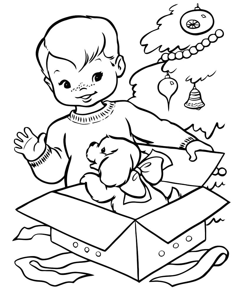Раскраска мальчику подарили подарок, собачка в коробке, . Скачать подарок.  Распечатать подарок