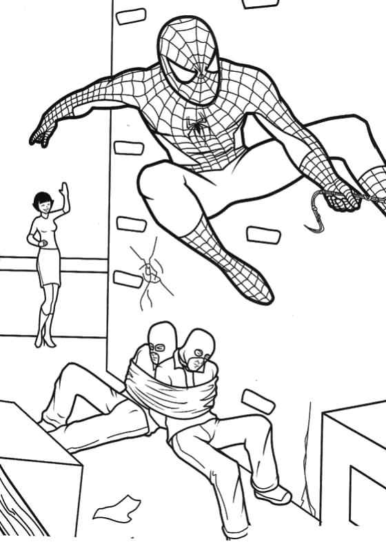 Раскраска Человек паук спас девушку и связал бандитов. Человек Паук