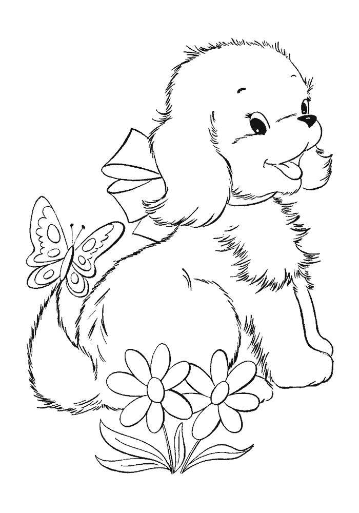 Раскраска  щенок у цветов. Домашние животные