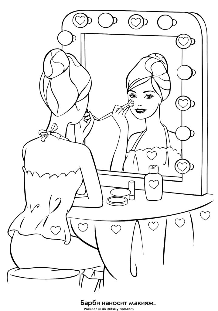 Раскраска Барби у зеркала наносит макияж. Скачать барби.  Распечатать барби