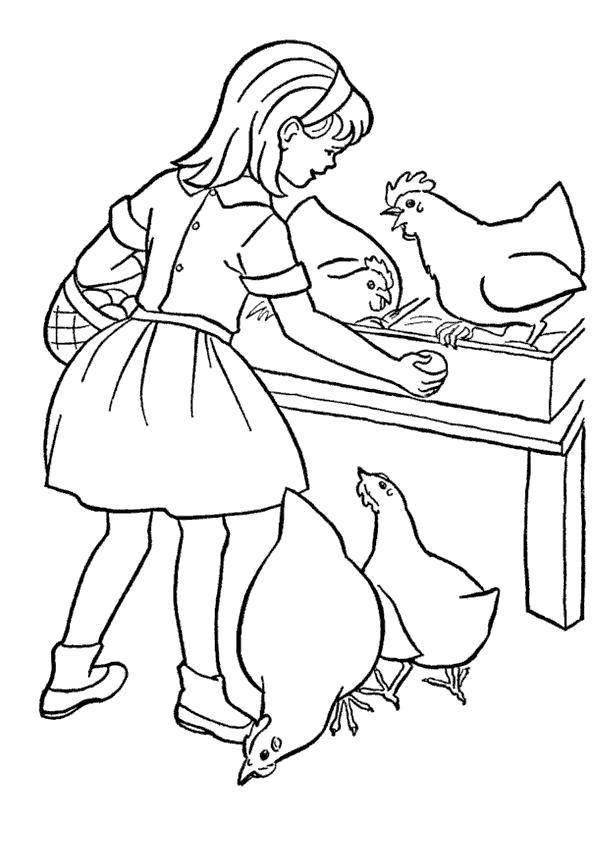 Раскраска Раскраски девочка кормит курочек. Лето