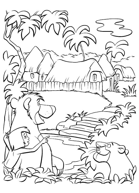 Раскраска Маугли видит родную деревню. Скачать книга джунглей.  Распечатать книга джунглей