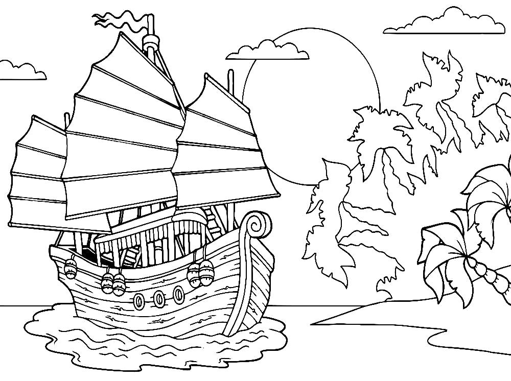 Название: Раскраска Корабль у острова. Категория: корабли. Теги: корабли.