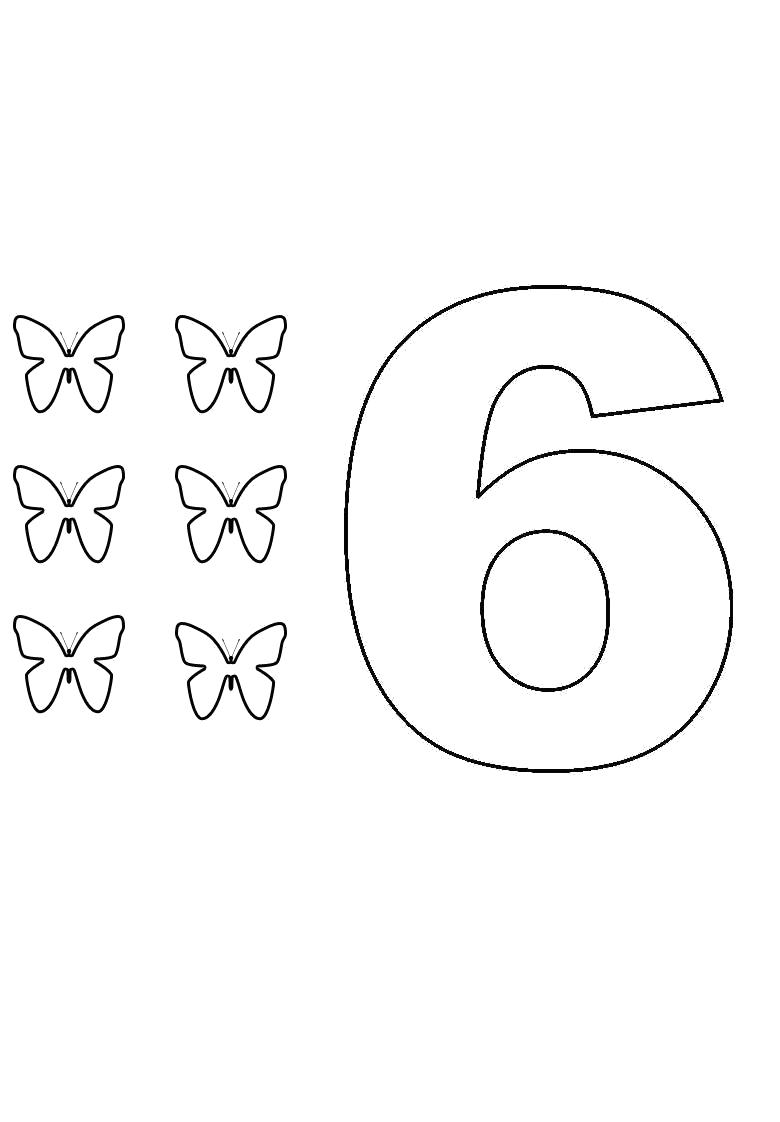 Раскраска цифра шесть. учим цифры. Скачать Бабочки.  Распечатать Бабочки