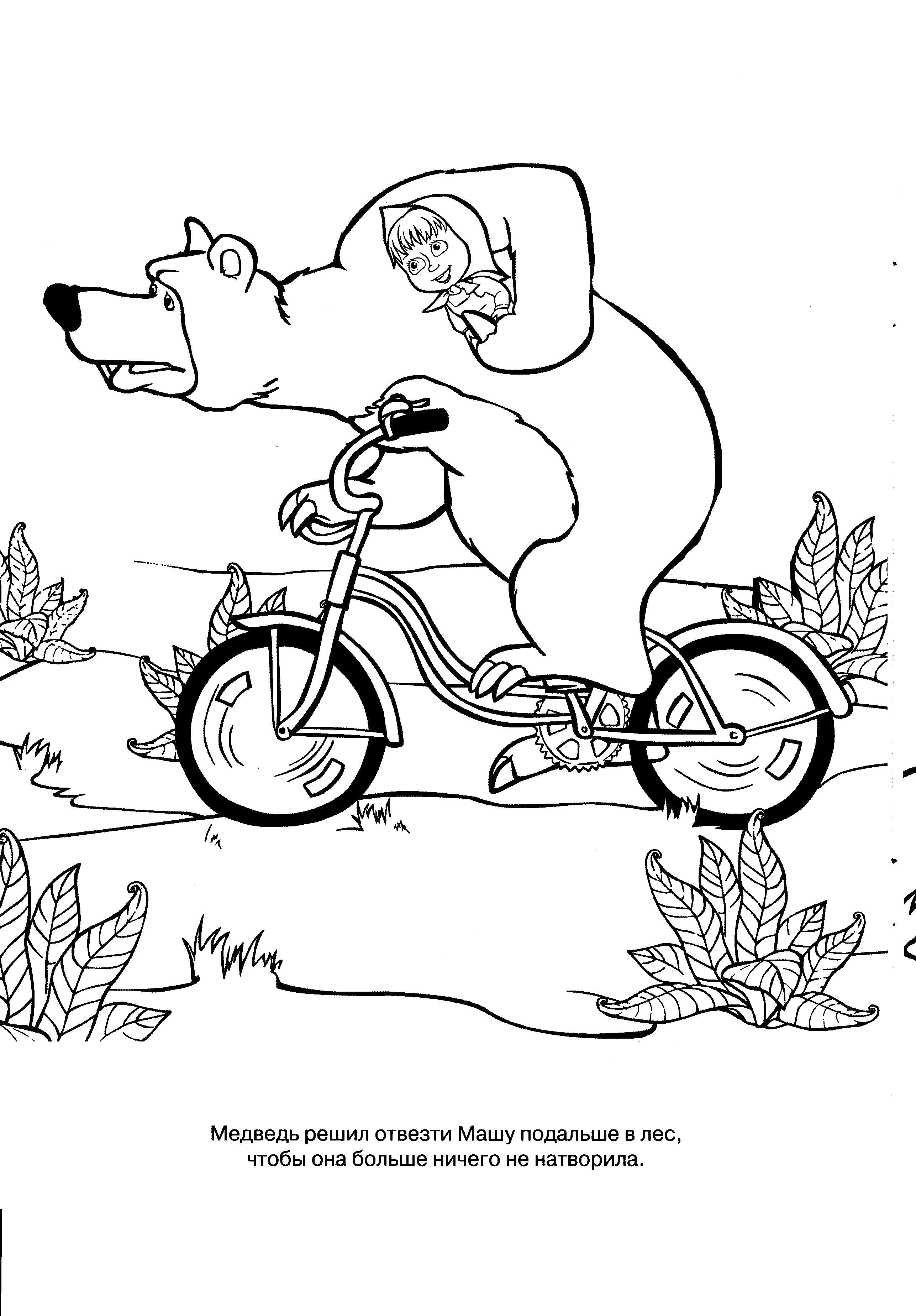 Раскраска медведь едет на велосипеде, миша везет машу. Скачать Маша и медведь.  Распечатать Маша и медведь