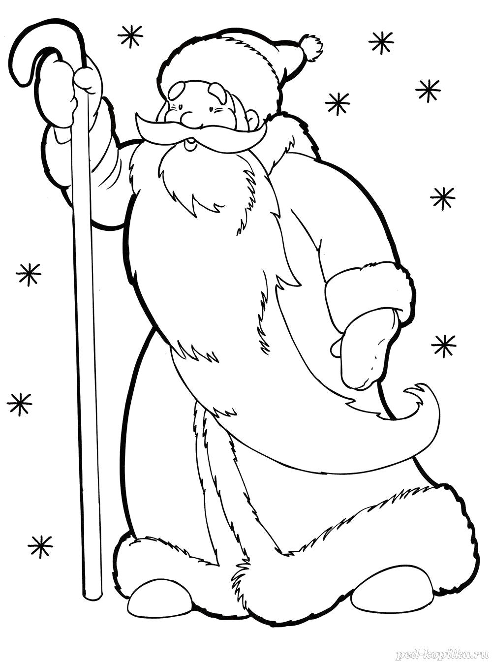 Название: Раскраска дед мороз с посохом. Категория: новогодние. Теги: новогодние.
