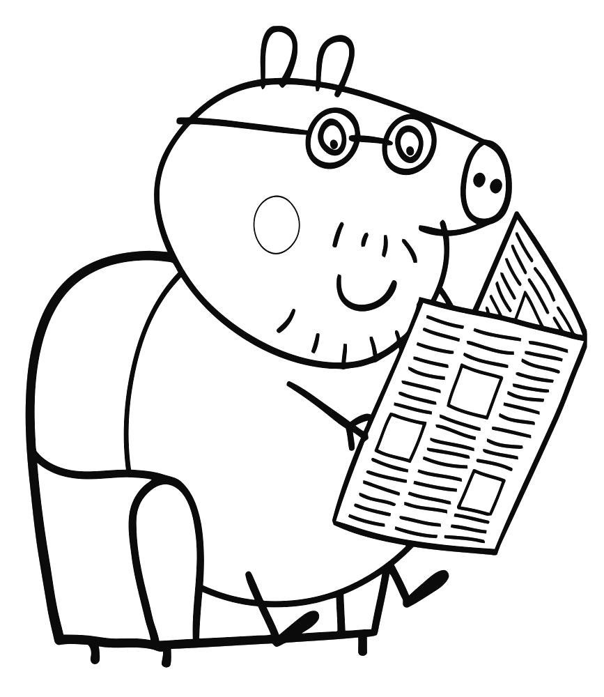 Раскраска раскраска папа свин, папа свин читает газету. Папа свин