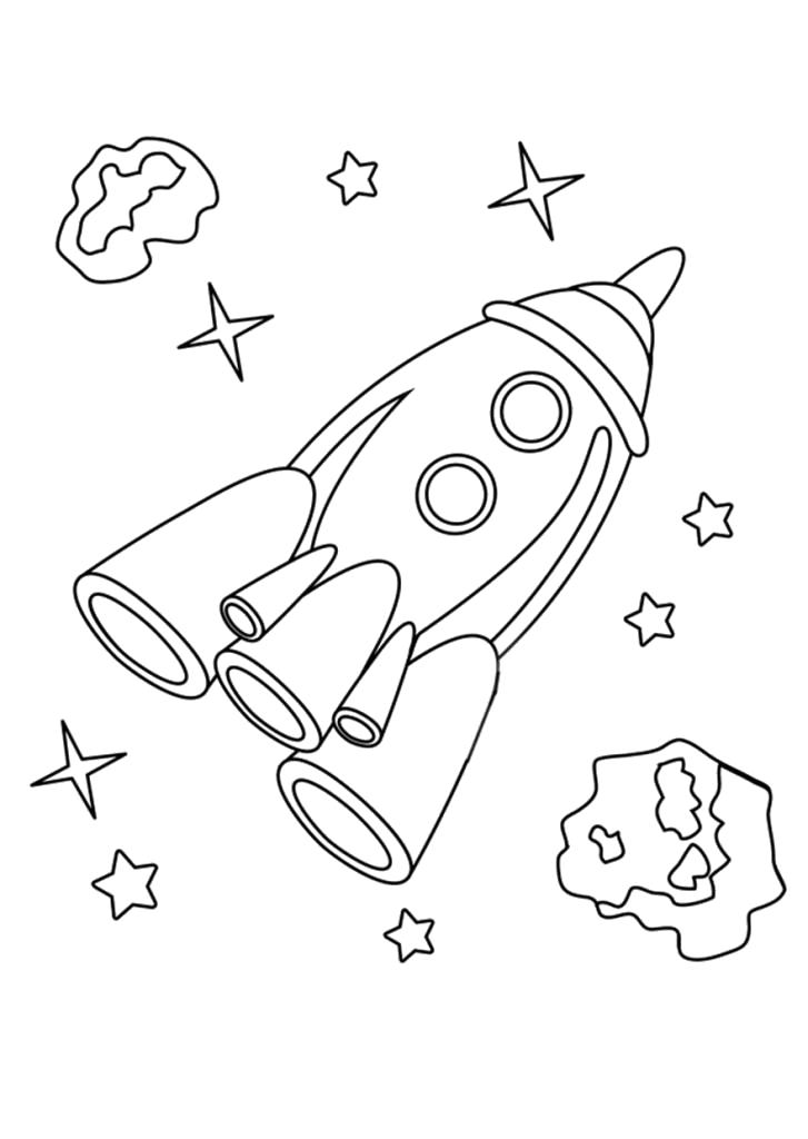 Раскраска Ракета в космосе среди метеоритов. Скачать Ракета.  Распечатать Ракета
