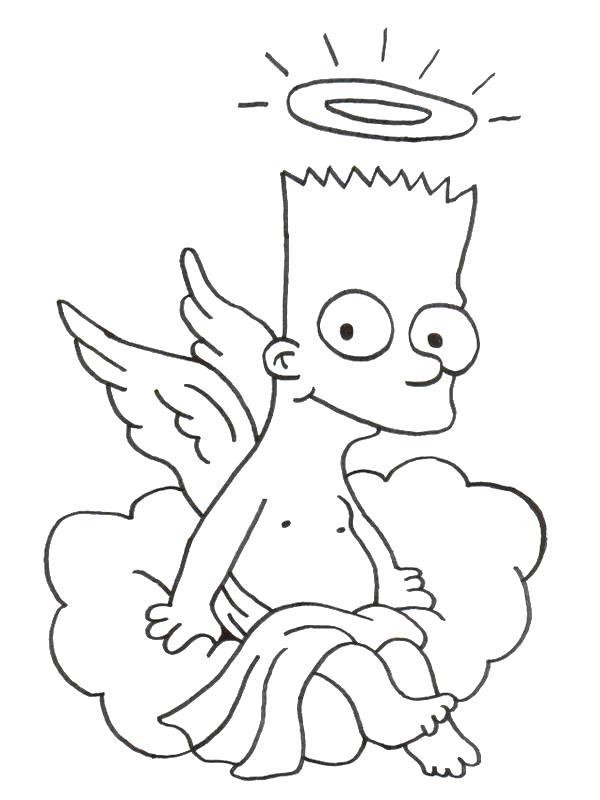 Раскраска Барт сидит на облаке, Барт ангел, Барт с крыльями. Скачать Симпсоны.  Распечатать Симпсоны
