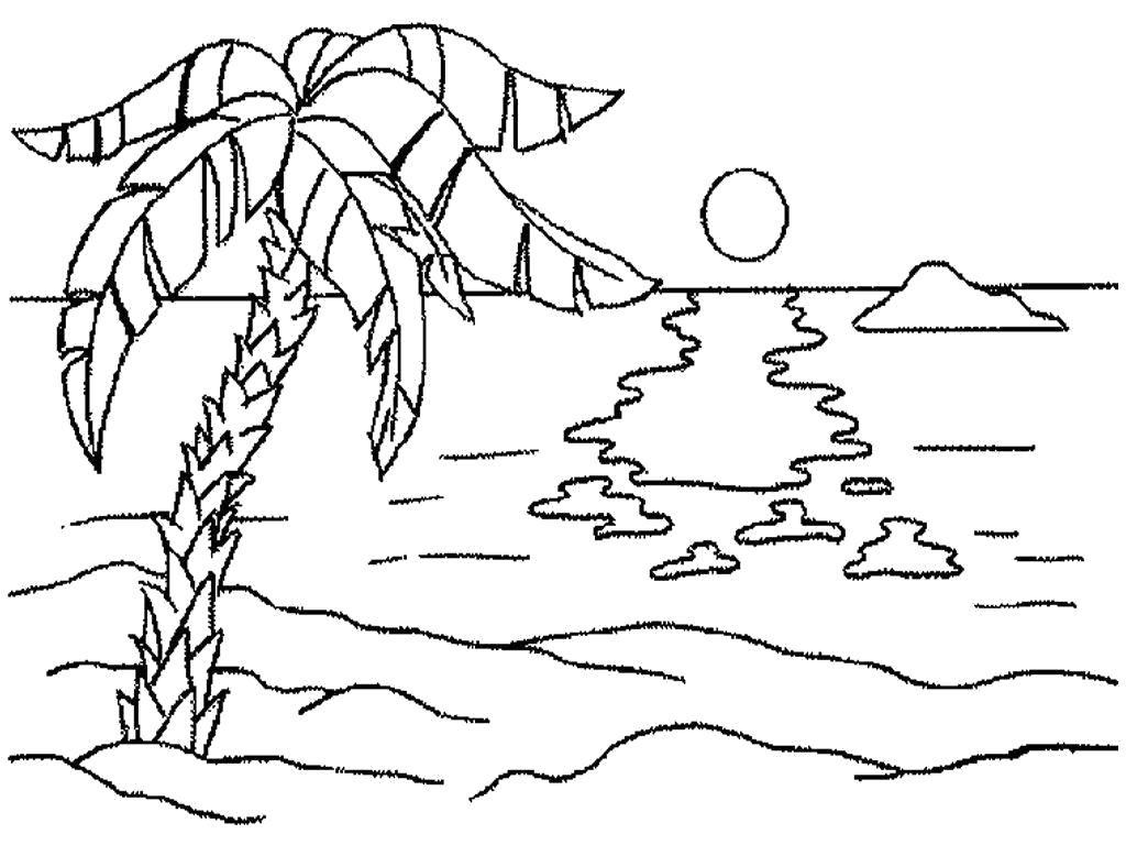 Название: Раскраска пальма, море, солнце, пальма на горе. Категория: пальма. Теги: пальма.