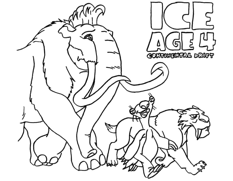 Раскраска ледниковый период, тигр сид, ленивец, мамонт мэни. 