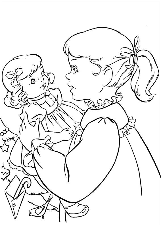 Раскраска Новогодние  для детей, девочка с куклой. Скачать новогодние.  Распечатать новогодние