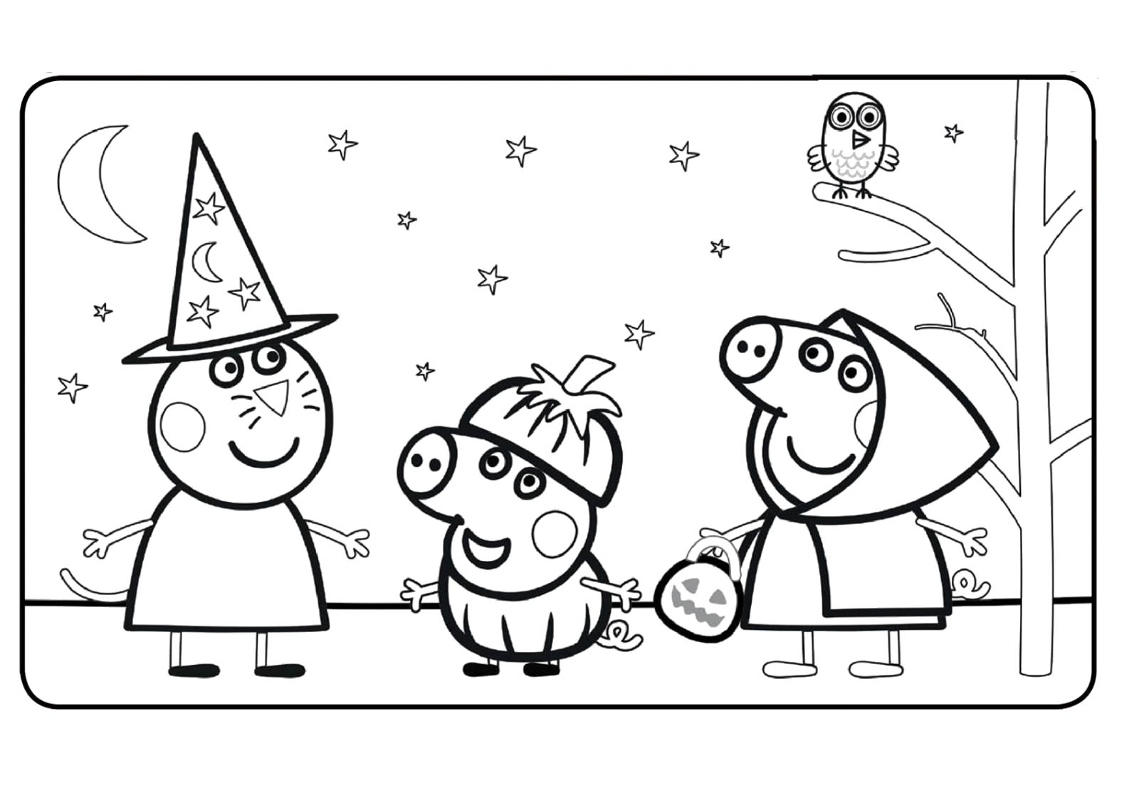 Раскраска Свинка Пеппа со всей семьей отмечает Хэллоуин. Пеппа