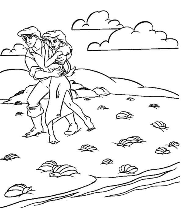 Раскраска  Ариэль и принц на берегу. 