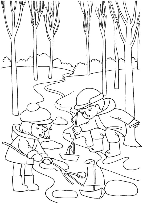 Название: Раскраска мальчик и девочка играют в догонялки с лдками. Категория: Весна. Теги: Весна.