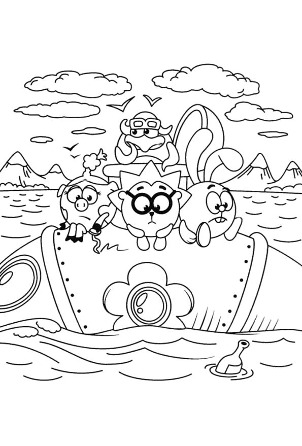 Название: Раскраска Раскраски смешарики плывут в море.. Категория: Смешарики. Теги: Нюша, Крош, Пин, Ежик.
