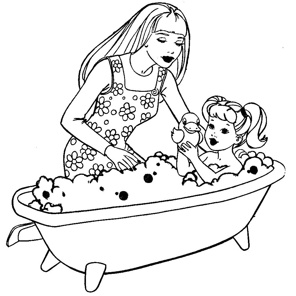 Название: Раскраска Раскраска Барби купает дочку. Категория: барби. Теги: барби.